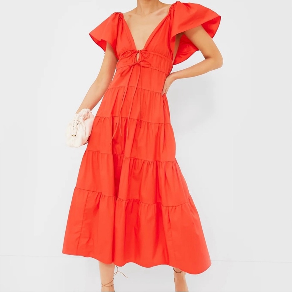 Orange Red Flutter Sleeve Tiered Midi Dress - Picture 6 of 8